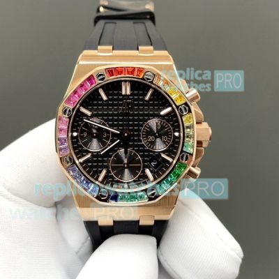 Swiss 7750 Clone Audemars Piguet Royal Oak Offshore Watch with Rainbow Baguette Bezel 